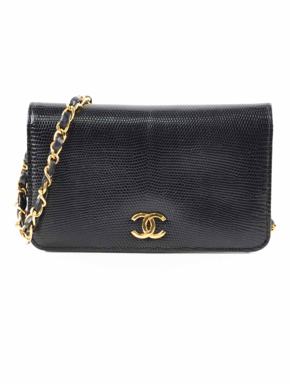 CHANEL Black Lizard Wallet on Chain with Gold CC Hardware